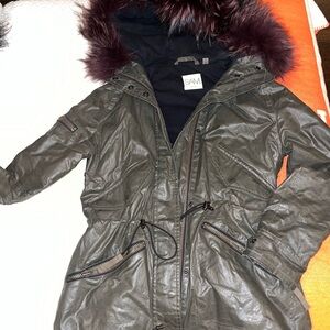 SAM Dark Olive Coat with Burgundy Faux Fur